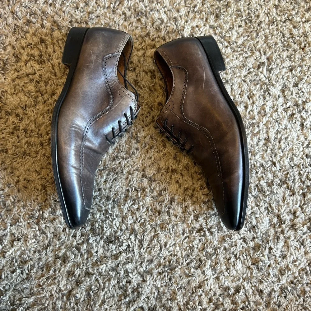 Magnanni Square Toe Grey Brown Leather Dress Shoes Oxford